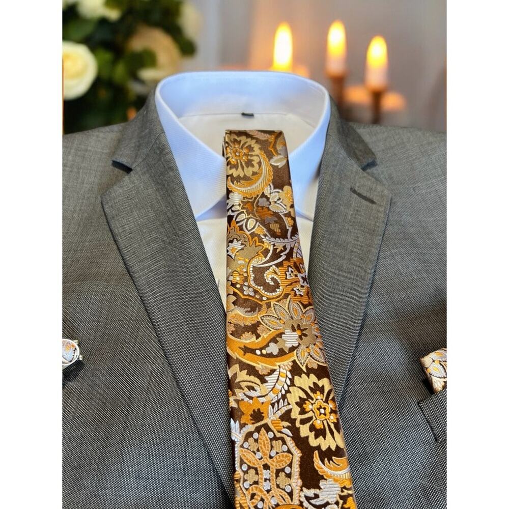 Men’s 3 Piece Tie Set Brown Paisley Tie Pocket Square Cufflinks 57.75"x3.25"